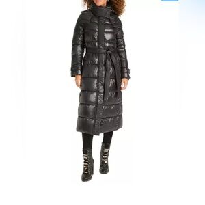Karl Lagerfeld Womens Shine Hooded Belted Puffer Coat